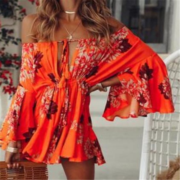 Boho Orange Floral Print Bell Sleeve Romper - Picture 4 of 7